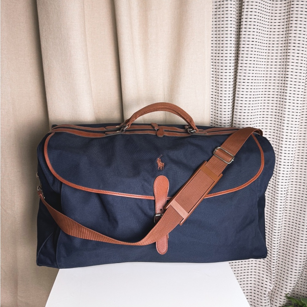 Vintage Polo Canvas Weekender Duffle Bag - Navy Blue & Camel Leather